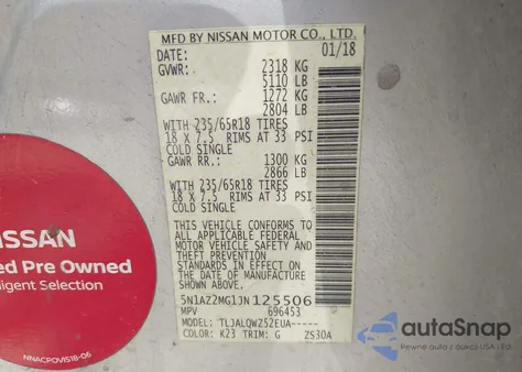 2018 Nissan Murano Sv z USA, uszkodzony, nr VIN 5N1AZ2MG1JN125506